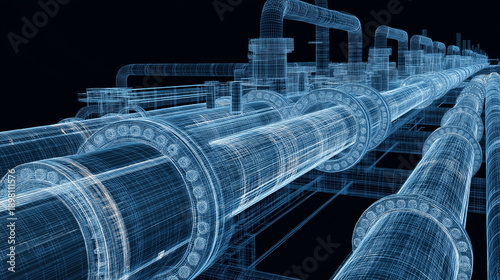 Futuristic Industrial Pipeline System Wireframe Visualization, Digital 3D Rendering of Water, Oil and Gas Infrastructure Engineering Network