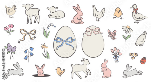 Whimsical hand drawn Easter illustration set with sketchy farm animal, decorative eggs, bow and spring flower elements in naive doodle style with rough imperfect lines for seasonal cards. Vector.
