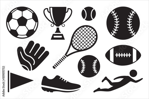 Collection of sport icons including soccer ball trophy baseball tennis racket glove and more