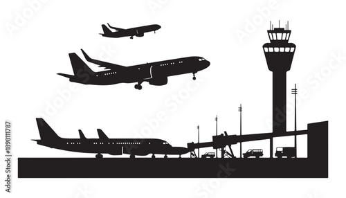 Airport scene with airplanes, control tower, and jet bridges at night, representing air travel and aviation