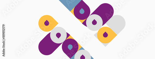 Abstract design features colorful rounded rectangles overlapping white background. Shapes suggest pills or capsules, vibrant composition.