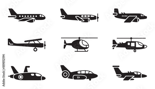 Small aircraft silhouettes collection including private jets helicopters and light propeller planes