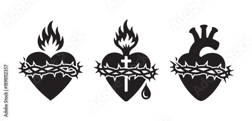 Set of three sacred heart of jesus silhouettes with cross and flames vector illustration