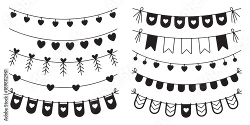 Decorative Valentine heart banners, garlands, and pennants for romantic celebrations