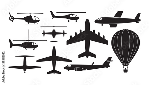 Assortment of flying objects like planes helicopters and hot air balloon icons on white background
