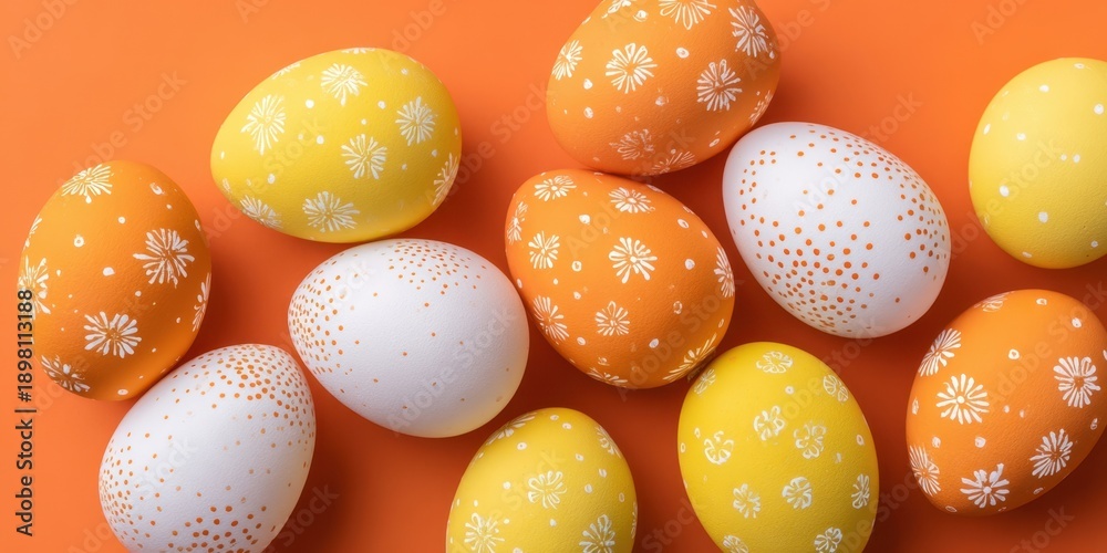 Naklejka premium The Easter eggs arranged on a bright orange background with floral and speckled designs