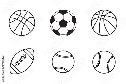 Minimalist sports ball collection with thin line designs for professional league events and gaming
