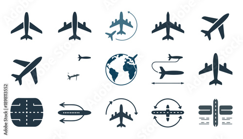 Aviation graphic elements with airplane silhouettes global routes and radar tracking symbols for apps