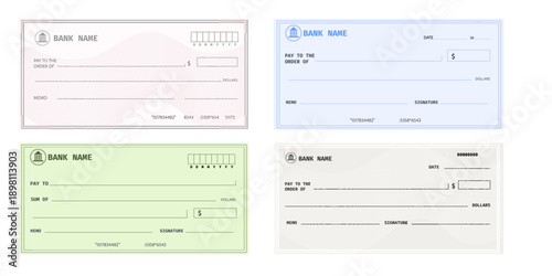 Cheque blank template set design, paper mockup, bill or voucher form sample. Money payment bank check voucher or pay cash cheque certificate, account bill paycheck.