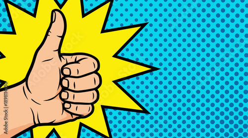 Pop Art Thumbs Up Hand Gesture with Yellow Starburst and Blue Halftone Comic Background