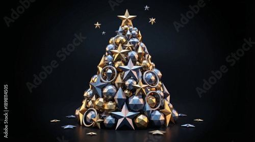Luxury 3D Geometric Christmas Tree made of Gold and Silver Metallic Stars and Ornaments. Modern Holiday Sculpture on a Deep Black Background.