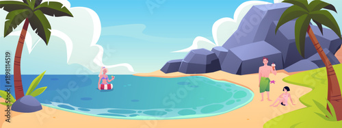 Young people relaxing on the beach, palm trees, rocks, sandy shore and blue water, vector flat tropical island vacation