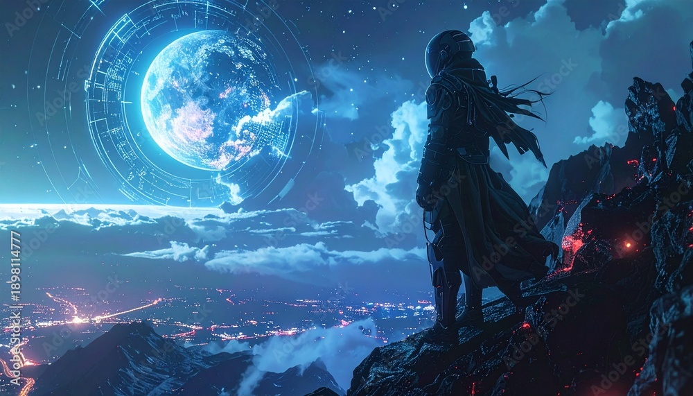 Obraz premium Mystical Nightscape - Silhouette Gazing at Celestial Moon and City Lights.