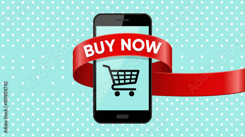 Mobile E-commerce Concept: Smartphone with Shopping Cart Icon and "BUY NOW" Call-to-Action Ribbon on Polka Dot Background.