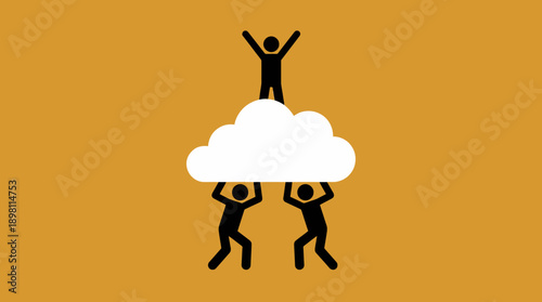 Collaborative Teamwork Concept: Stick Figures Lifting Cloud Platform, Representing Shared Success, Support, and Achievement.