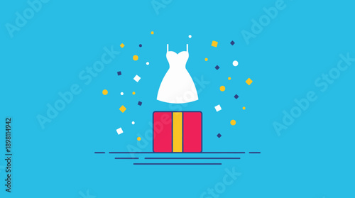White Dress Reveal from Surprise Gift Box Illustration. Flat Design Concept for Wedding, Fashion Event, and Celebration Marketing.