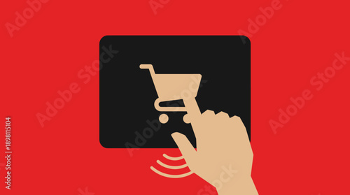 E-commerce Shopping Cart on Tablet Screen: Hand Tapping Icon for Online Purchase and Mobile Commerce