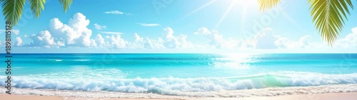 Palm leaves framing a picturesque beach with gentle waves under bright blue sky.