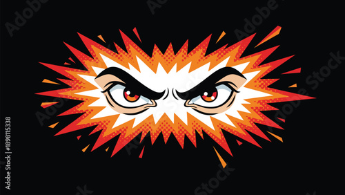 angry eyes with fiery explosion, comic book style illustration, for banner or poster, isolated on transparent background, png