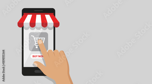 Mobile E-commerce Shopping App. Hand Taps Buy Now Button on Smartphone Screen with Store Awning. M-commerce and Digital Retail Concept.