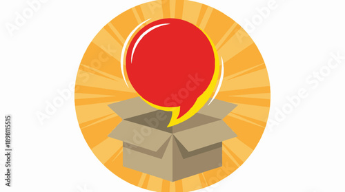 Red Speech Bubble Popping Out of Open Cardboard Box. Idea Reveal, New Product Announcement, Surprise Delivery Concept.