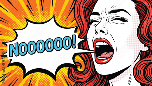 Vector comic book style illustration of a screaming woman with red hair and a speech bubble saying NOOOOO!, pop art explosion background, for comic or graphic novel or banner