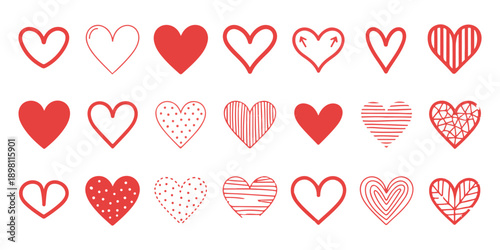 Red hand drawn hearts pack featuring diverse artistic strokes and textures for romantic expressions