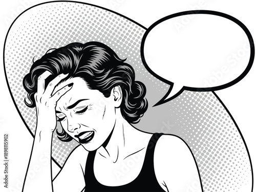 Vector illustration of stressed woman with speech bubble, comic book style, black and white, halftone background, for marketing or presentation use, Isolated on transparent background, png
