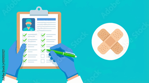 Medical Professional Completing Checklist on Clipboard with Bandage Icon. Healthcare Compliance and Vaccination Record Concept.