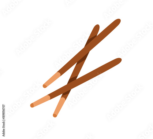 Chocolate coated stick candy. Crunchy crispy biscuit, glazed cookie. Thin dough sweet finger food, dessert. Tasty sugar snack, kids treat. Flat vector illustration isolated on white background