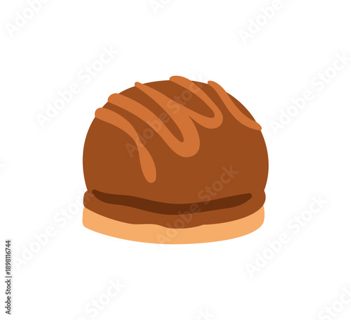 Chocolate candy treat. Round puffy pastry coated in cocoa glaze. Sweet choco dessert. Delicious confectionery. Sugar food, snack. Flat vector illustration isolated on white background
