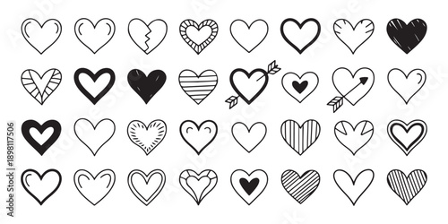 Heart sketches collection with hand drawn romantic elements for valentines day cards and wedding art