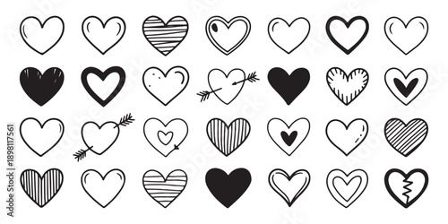 Doodle hearts bundle featuring various hand drawn shapes and patterns for romantic graphic design work