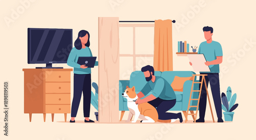 Three people and dog enjoying their cozy living room with modern decor