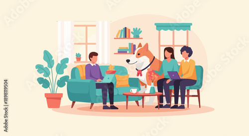 Three people and dog gathered in a cozy living room, working