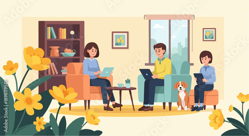 Three people and dog in a cozy room with flowers and window