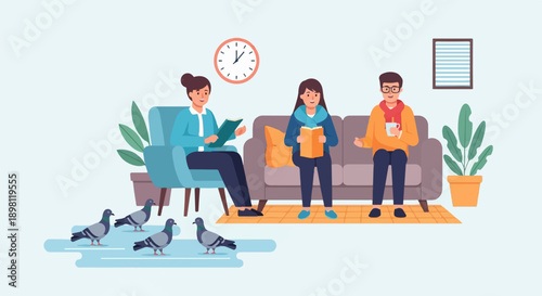 Three people and four pigeons in a room with plants, a clock, and a rug