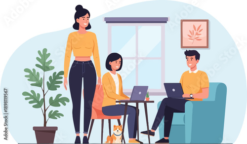 Three people and dog working or studying indoors with laptops and plants