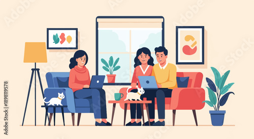 Three people and two cats working on laptops in a cozy living room setting