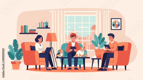 Three people and two dogs relax indoors in a brightly lit room