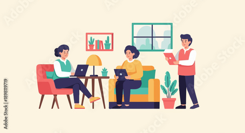 Three people collaborate indoors, using laptops and a book