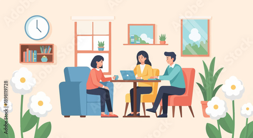 Three people collaborate at a table with a laptop in a cozy room