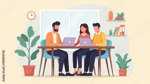 Three people collaborating around a table with laptops