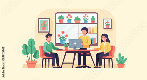 Three people collaborating at a desk with a laptop in a bright, plant-filled room