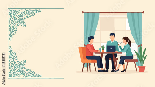 Three people collaborating around a laptop in a bright room with decorative corner