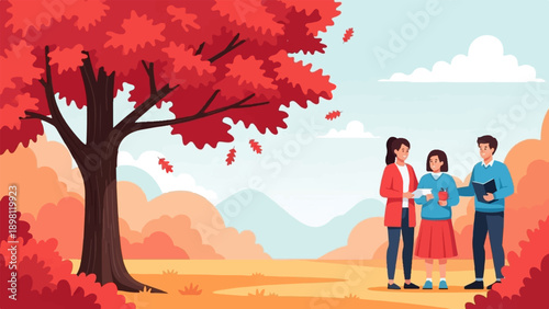 Three people enjoy a beautiful autumn day in a park under a large red-leaved tree