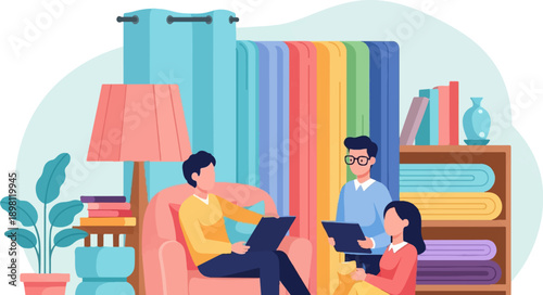 Three people discuss fabric samples and interior design in a colorful room