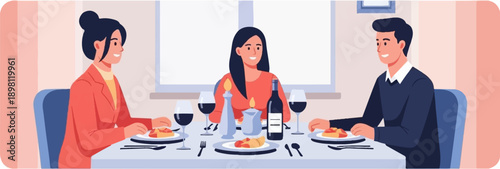 Three people enjoy a meal and wine at a candlelit table