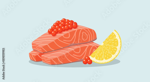 Stacked salmon fillets with caviar and a lemon slice