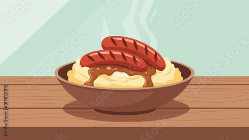 Steaming sausages and gravy atop fluffy mashed potatoes in a brown bowl